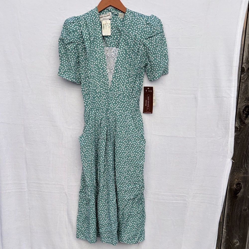 Vintage 80s Karin Stevens Dress Womens 4P Petite Puff Sleeve Cottagecore Pastel